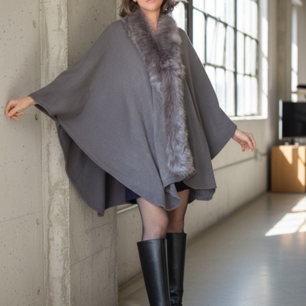 Saro Faux Fur Trim Cape Shawl Poncho Cozy Luxe Layering OSFM